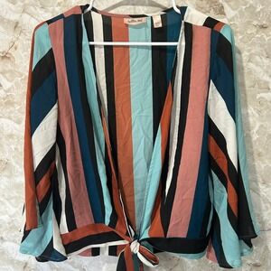 Willow Root Striped Tie Front Blouse Bell‎ Sleeve Multicolor Top Womens Medium